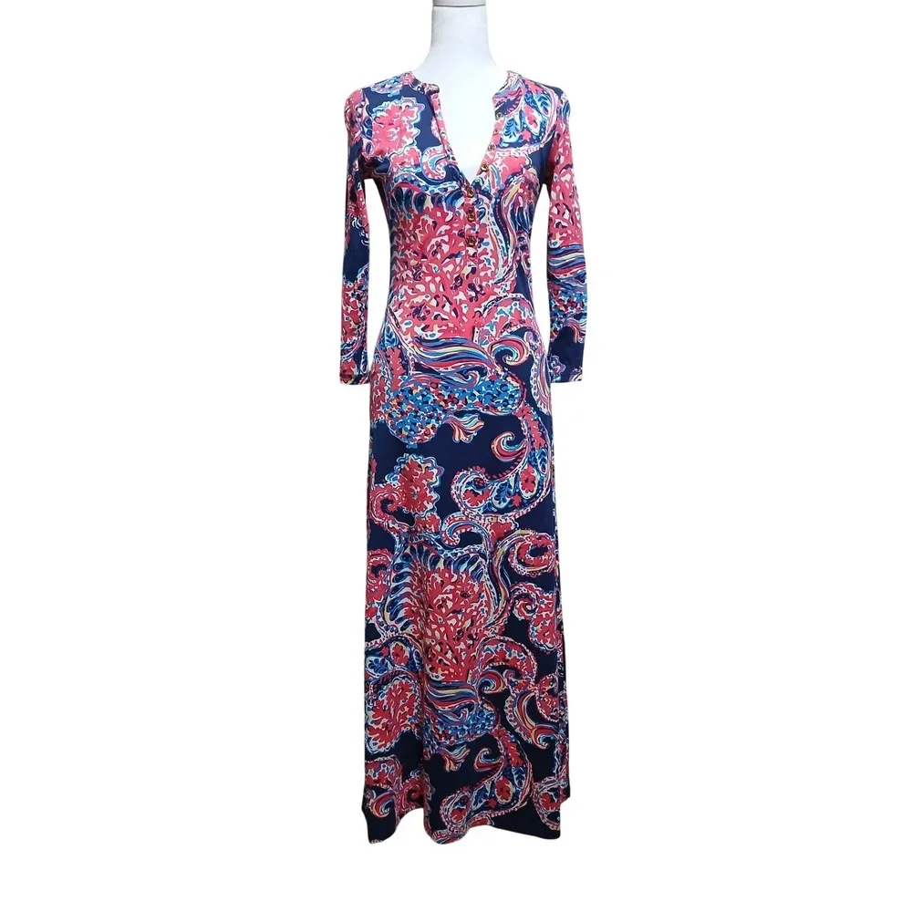 Lilly Pulitzer Pima Cotton Maxi Dress Pink Navy Paisley V-Neck XS 3/4 Sleeve